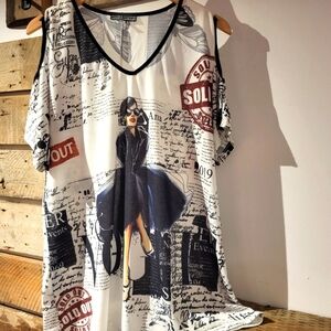 Mode Crystal Graphic Print Women's Top With Cold Shoulder